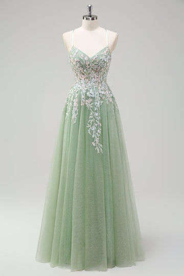 Sage A-Line Spaghetti Straps Tulle Abito lungo da ballo con applicazioni